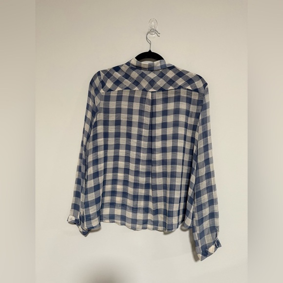 Free People Blue Gingham Plaid Sheer Button-Up Shirt Size Medium Cottage Preppy - Picture 2 of 10